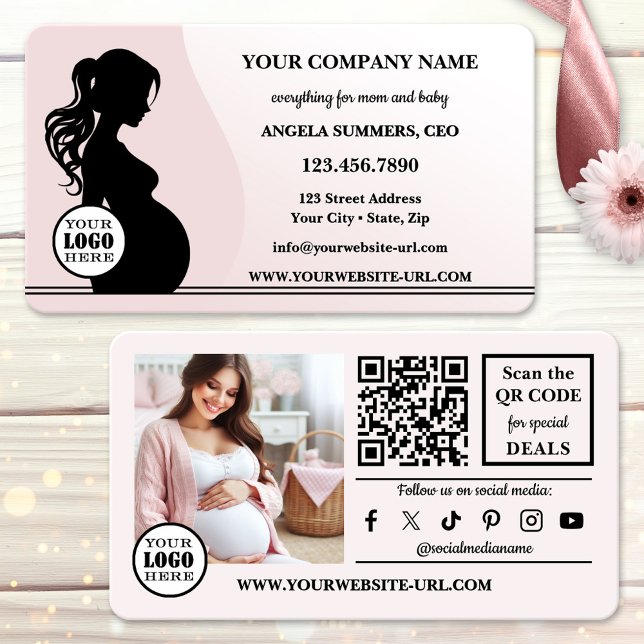 Tarjeta De Visita Elegant Pink Maternity Mother and Baby Retail (Elegant pink business card showing a silhouette of a pregnant woman - maternity or baby care retail)