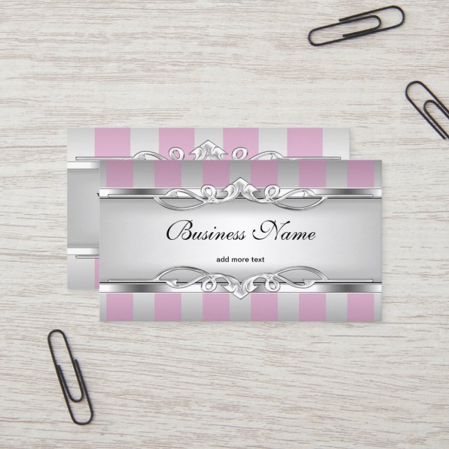 Tarjeta De Visita Elegant Pink Silver Grey White Stripe (Anverso/Reverso In Situ)