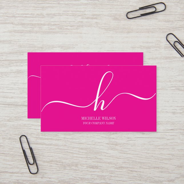 Tarjeta De Visita Elegant Pink White Monogram Initial Script Name  (Anverso/Reverso In Situ)