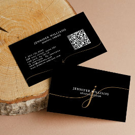 Tarjeta De Visita Elegant Plain Black Gold Script Monogram QR Code