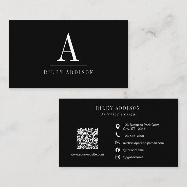 Tarjeta De Visita Elegant Professional Monogram Minimalist Black  (Anverso / Reverso)