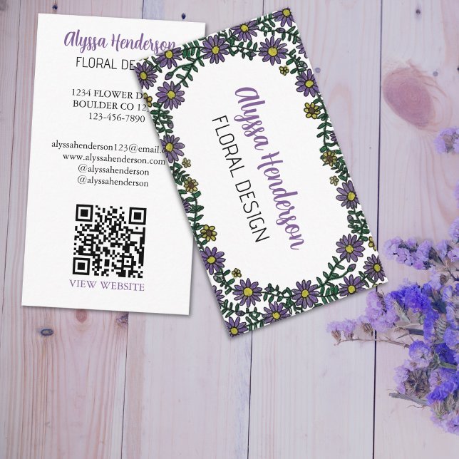 Tarjeta De Visita Elegant Purple & White Floral QR Code Florist (Subido por el creador)