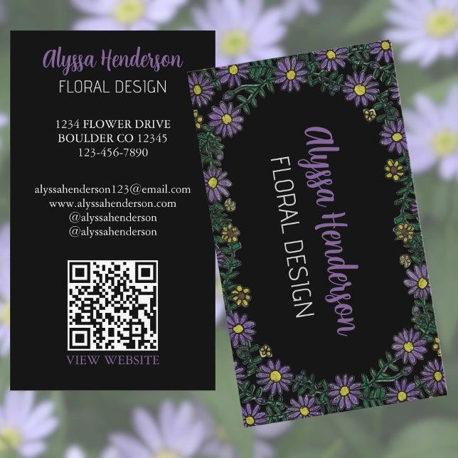 Tarjeta De Visita Elegant Purple & Yellow Floral QR Code Florist (Subido por el creador)