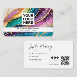 Tarjeta De Visita Elegant Rainbow Agate gold Glitter & QR Code Logo