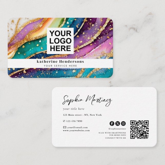 Tarjeta De Visita Elegant Rainbow Agate gold Glitter & QR Code Logo (Anverso / Reverso)
