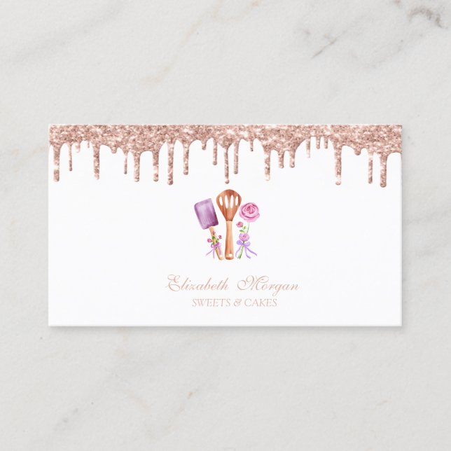 Tarjeta De Visita Elegant Rose Gold Drips Bakery Tools Flowers (Anverso)