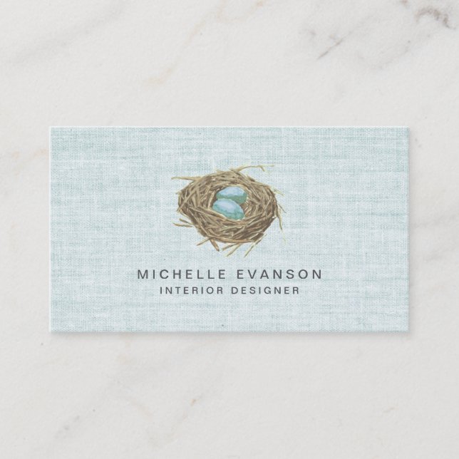Tarjeta De Visita Elegant Rustic Bird Nest Pastel Blue Linen (Anverso)