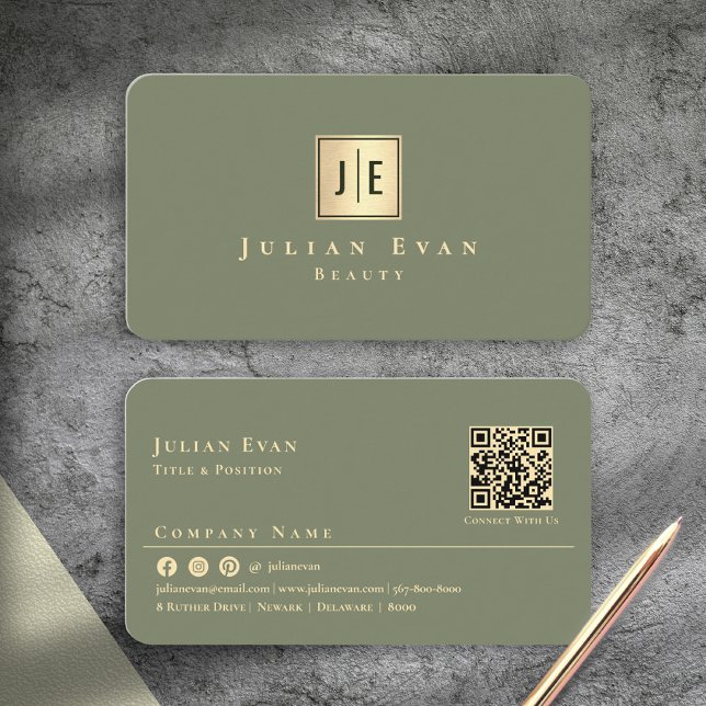 Tarjeta De Visita Elegant Sage Green Gold Professional Monogram (Elegant Sage Green Gold Professional Monogram Business Card)