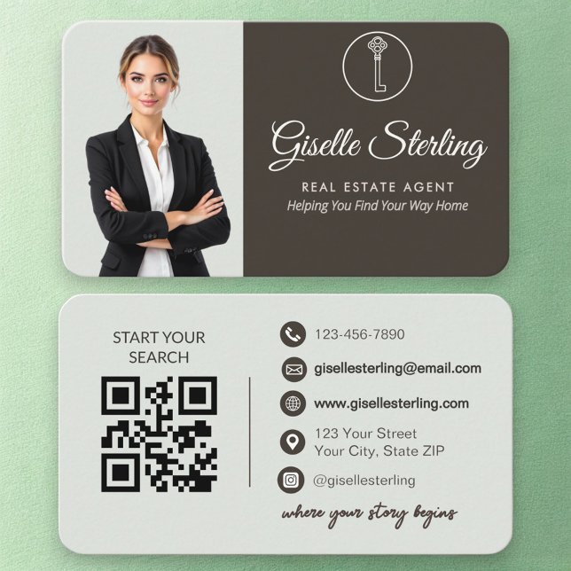 Tarjeta De Visita Elegant Sage Green Photo Real Estate Agent QR Code (Subido por el creador)