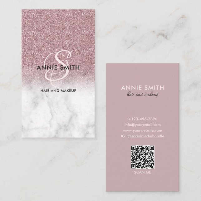 Tarjeta De Visita  Elegant Script Monogram Marble Rose Gold Glitter (Anverso / Reverso)