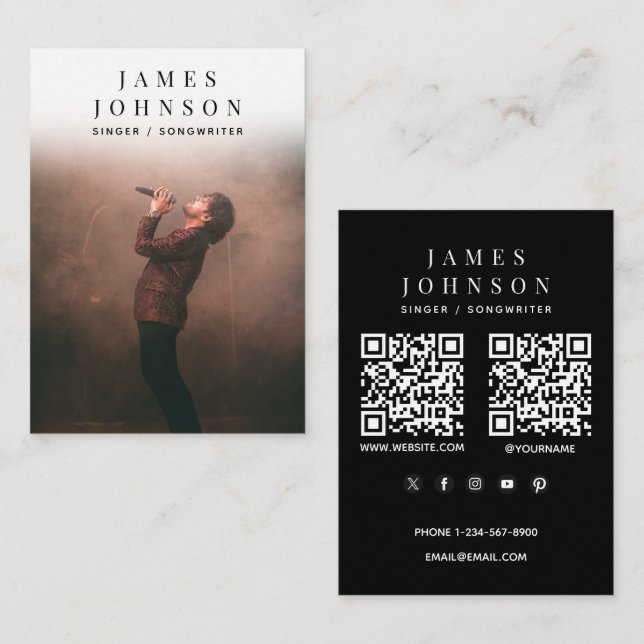 Tarjeta De Visita Elegant Singer Musician Photography 2 QR Codes (Anverso / Reverso)