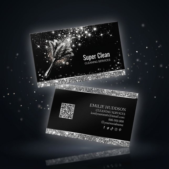 Tarjeta De Visita Elegant Sparkling Cleaning Service Business Card  (#cleaningservice #businesscarddesign #sparklecard #glitterdesign #blackandsilver #brandingdesign )