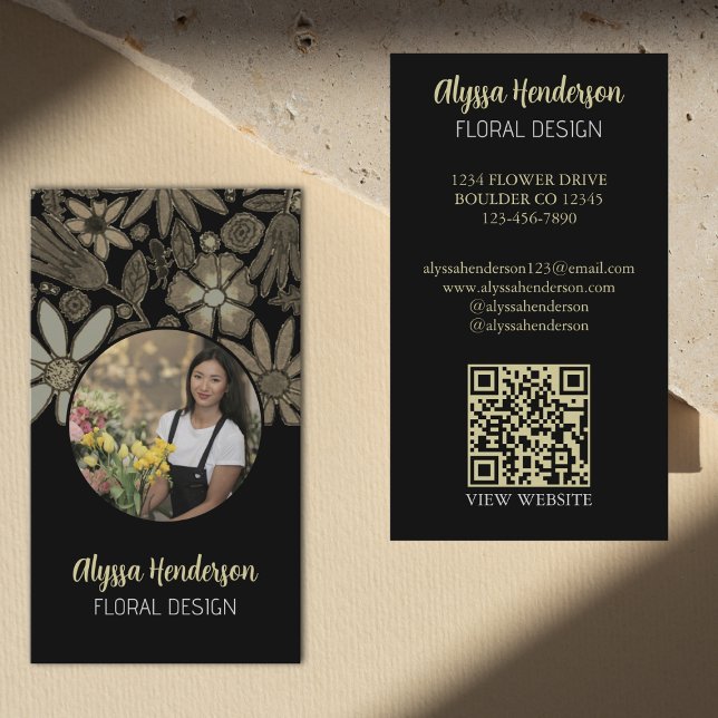 Tarjeta De Visita Elegant Tan & Black Floral Photo QR Code Logo (Subido por el creador)