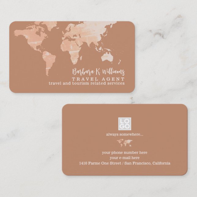 Tarjeta De Visita Elegant Travel Agent world map terracotta brown (Anverso / Reverso)