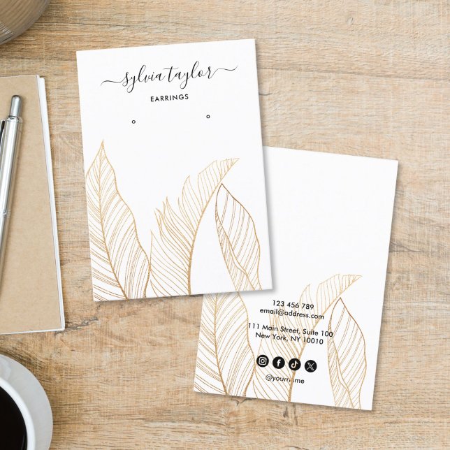 Tarjeta De Visita Elegant Tropical Earring Frame Display Add Logo (hand made earring display card with gold tropical leaves)