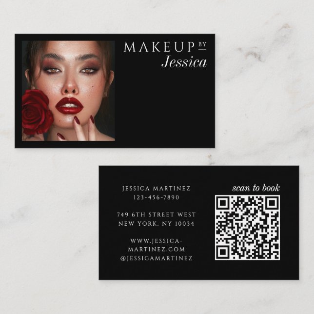 Tarjeta De Visita Elegant Typography Black QR Code Photo Makeup (Anverso / Reverso)