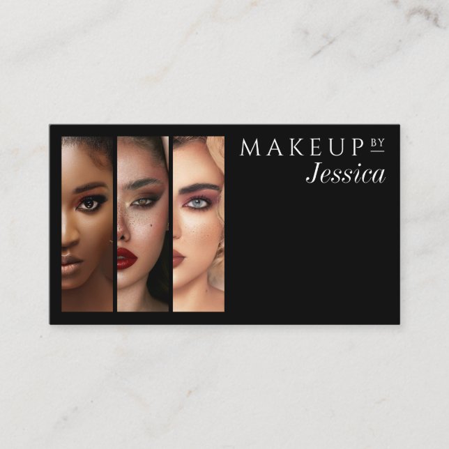 Tarjeta De Visita Elegant Typography Black White 3 Photo Makeup (Anverso)