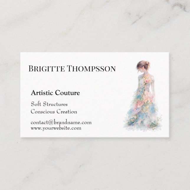 Tarjeta De Visita Elegant Watercolor Couture Bridal Fashion Designer (Anverso)