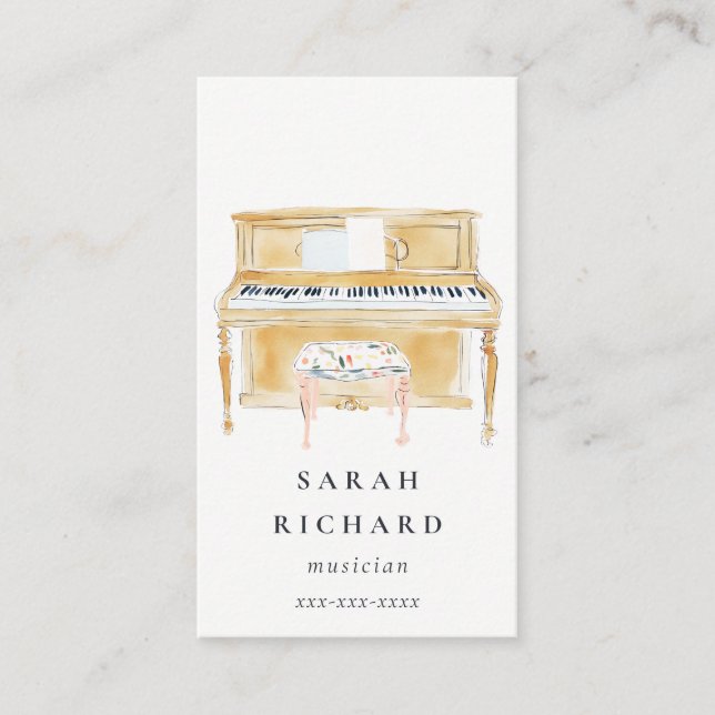 Tarjeta De Visita Elegant Watercolor Piano Musician Music Teacher (Anverso)