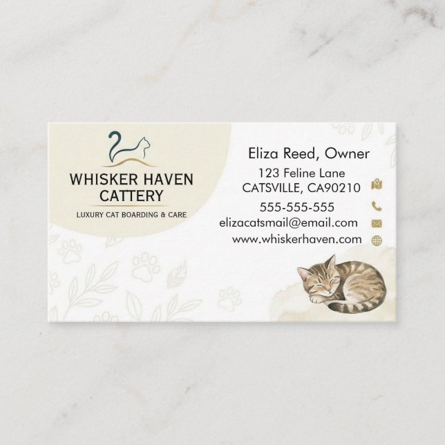 Tarjeta De Visita Elegant Watercolor Sleeping Cat Cattery (Anverso)
