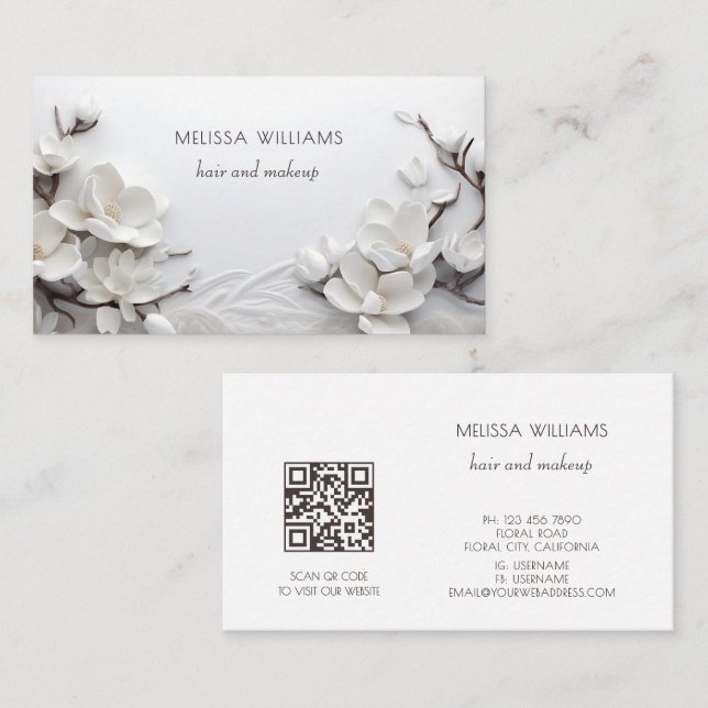Tarjeta De Visita Elegant White 3D Magnolia (Anverso / Reverso)