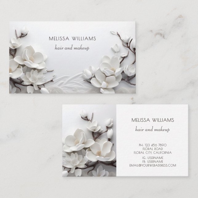 Tarjeta De Visita Elegant White 3D Magnolia (Anverso / Reverso)
