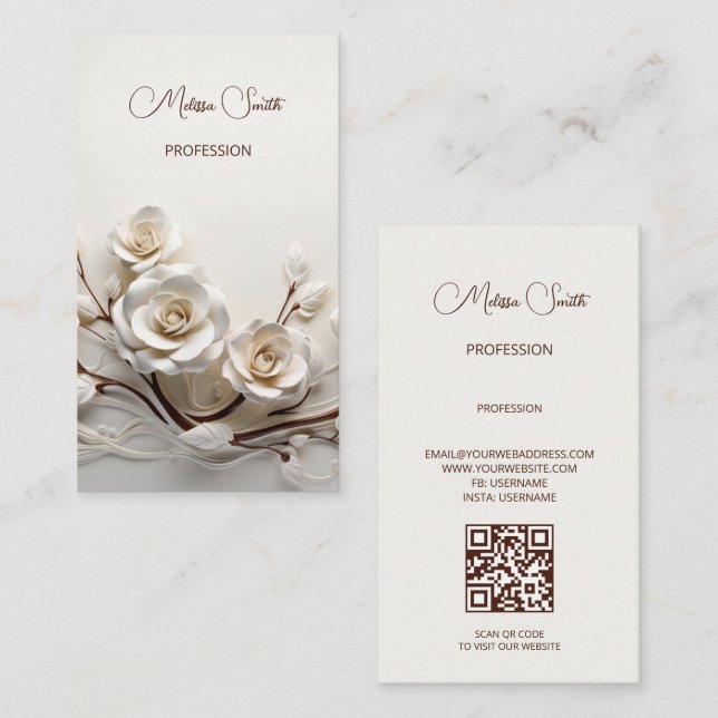 Tarjeta De Visita Elegant White 3D Roses (Anverso / Reverso)