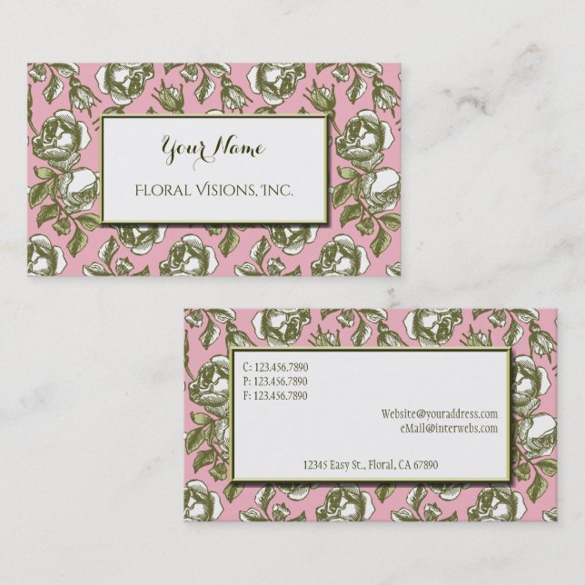 Tarjeta De Visita Elegant White and Gold Roses on Pink Custom (Anverso / Reverso)