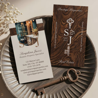 Tarjeta De Visita Elegant Woodgrain Key Monogram Stylish Arch Photo