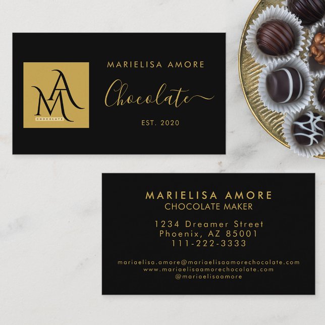 Tarjeta De Visita ElegantBlack Gold Script Logo Chocolate Branding (Subido por el creador)