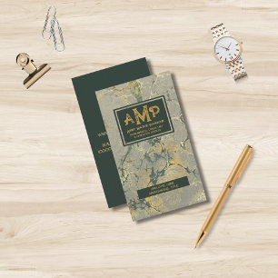 Tarjeta De Visita Elegante 3 letras Monograma Verde Oro Texturado