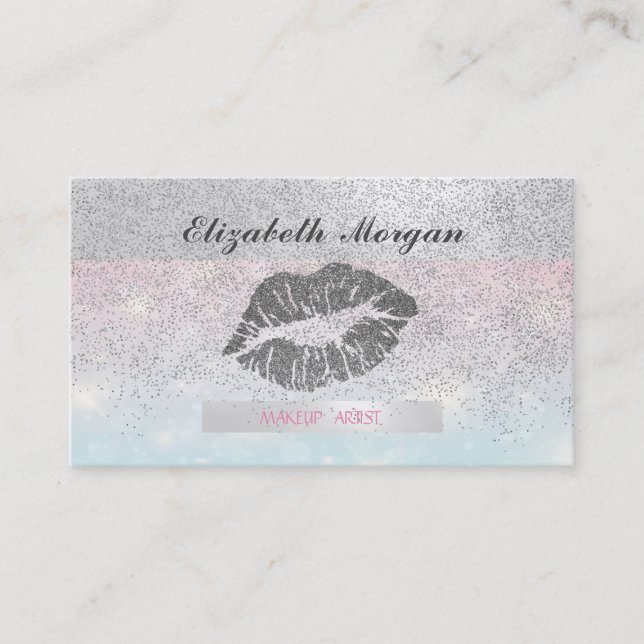 Tarjeta De Visita Elegante a rayas, Purpurinas Lips Silver Confetti (Anverso)