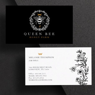 Tarjeta De Visita Elegante Abeja Reina de miel de época negra y blan