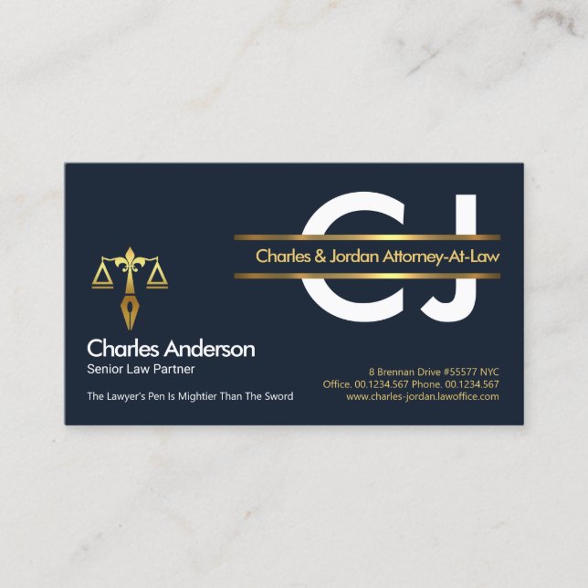 Tarjeta De Visita Elegante abogado de Monograma Gold Placard (Anverso)