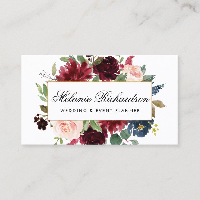 Tarjeta De Visita Elegante acuarela Borgoña Azul (Anverso)