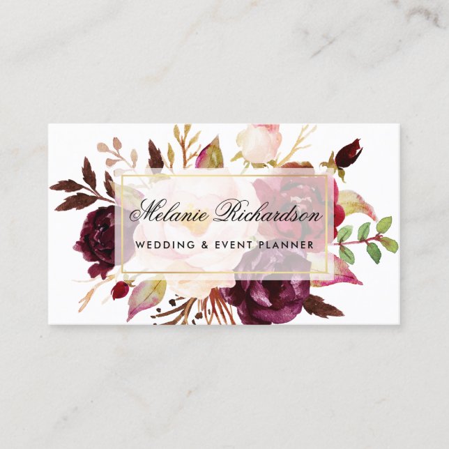 Tarjeta De Visita Elegante acuarela Borgoña Marsala Floral Gold (Anverso)