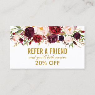 Tarjeta De Visita Elegante acuarela Burgundy Floral Referral