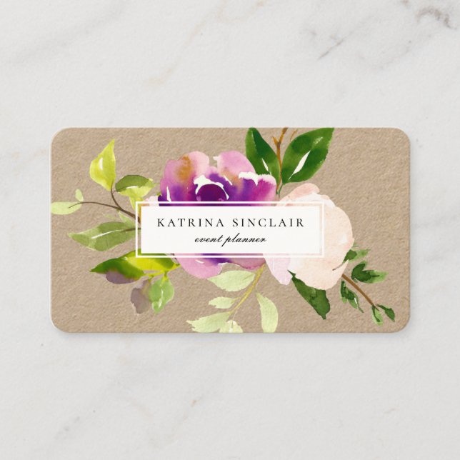 Tarjeta De Visita Elegante acuarela Cassis morada Kraft floral (Anverso)