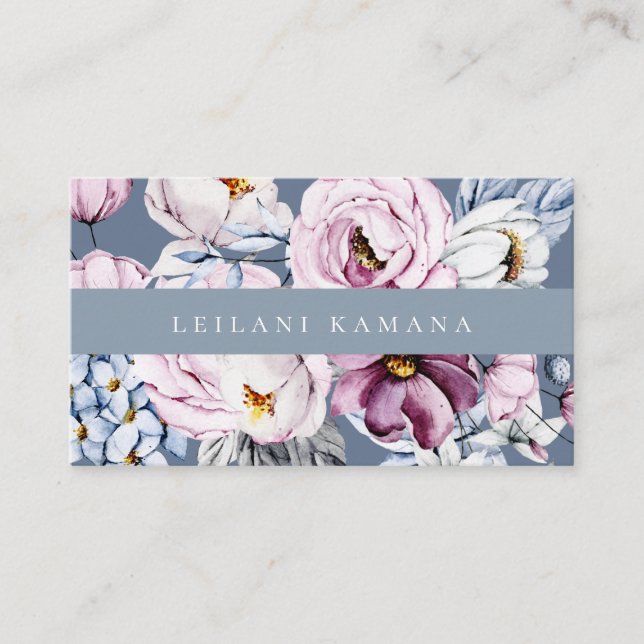 Tarjeta De Visita Elegante acuarela Dusty Blue Mauve Floral (Anverso)
