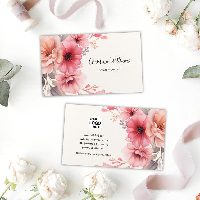 Tarjeta De Visita Elegante acuarela floral (Elegant Floral Watercolor Business Card)