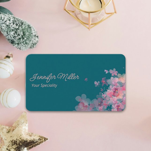 Tarjeta De Visita Elegante acuarela floral azul oscuro (Chic design, blue turquoise, watercolor, Sakura flower of Japan )