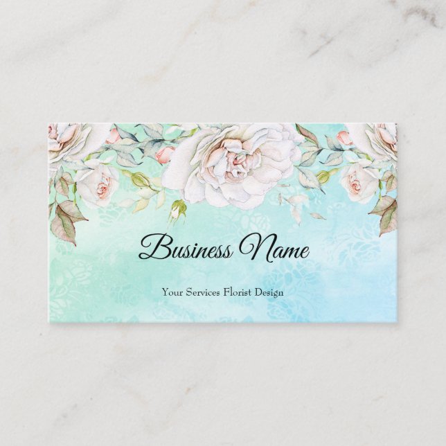 Tarjeta De Visita Elegante acuarela Floral azul verde azulado Blanco (Anverso)