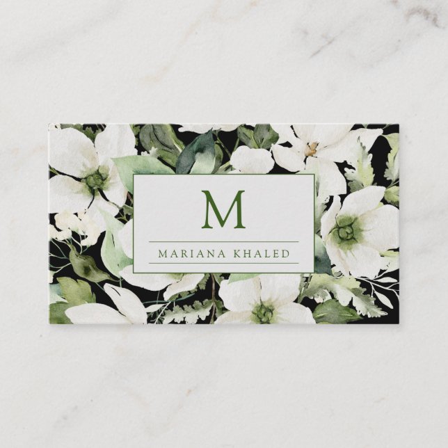 Tarjeta De Visita Elegante acuarela floral blanco y negro (Anverso)
