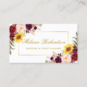 Tarjeta De Visita Elegante acuarela Floral Borgoña girasoles dorado