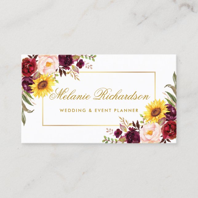 Tarjeta De Visita Elegante acuarela Floral Borgoña girasoles dorado (Anverso)