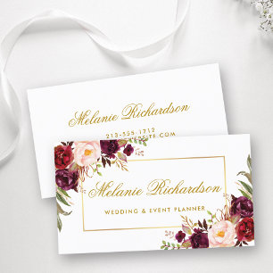 Tarjeta De Visita Elegante acuarela Floral Borgoña Marsala Gold