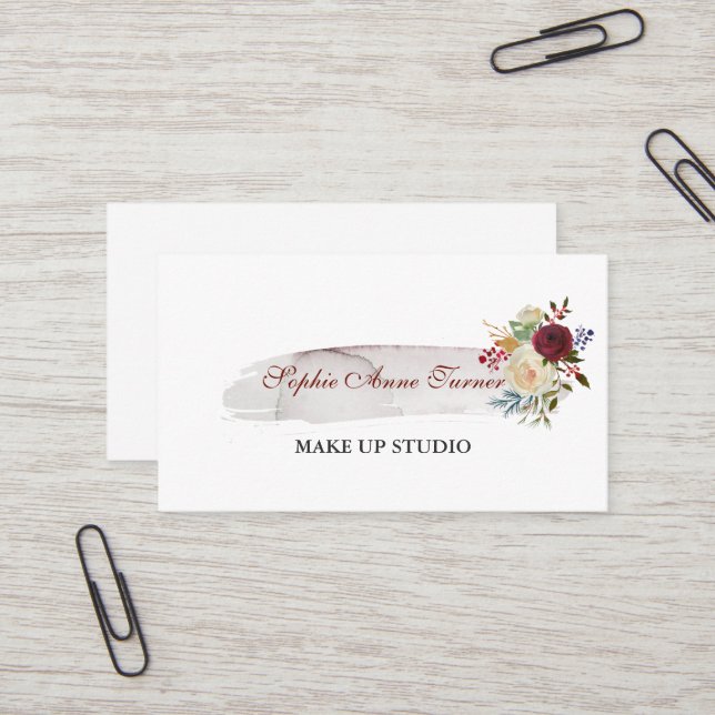 Tarjeta De Visita Elegante acuarela Floral Borgoña Profesional (Anverso/Reverso In Situ)