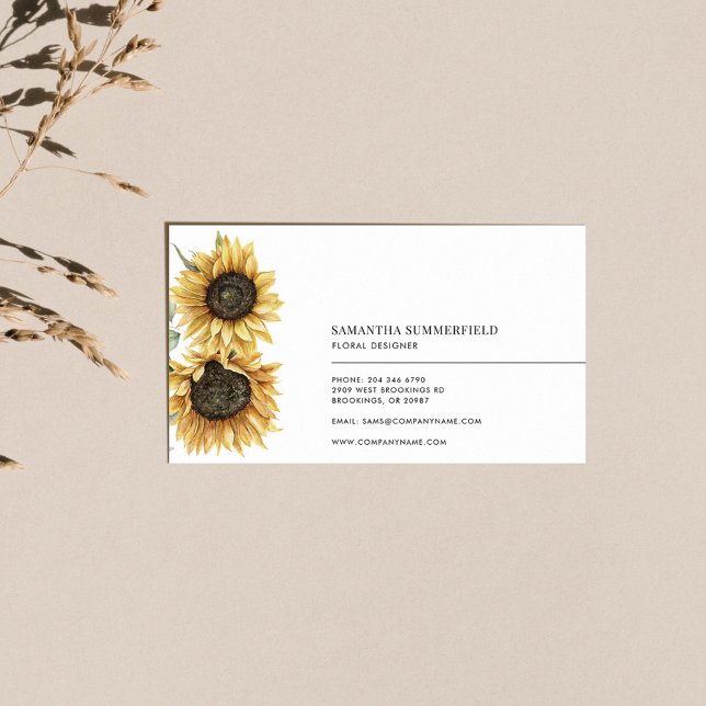Tarjeta De Visita Elegante acuarela floral de girasol (Floral Sunflower Bloom Modern Business Card)
