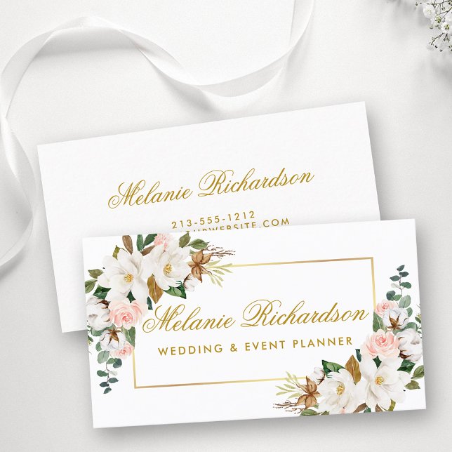 Tarjeta De Visita Elegante acuarela Floral Magnolias Rosas Gold (Customize to change text size, color or text style.)