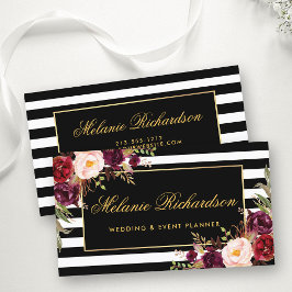 Tarjeta De Visita Elegante acuarela Floral Oro negro a rayas